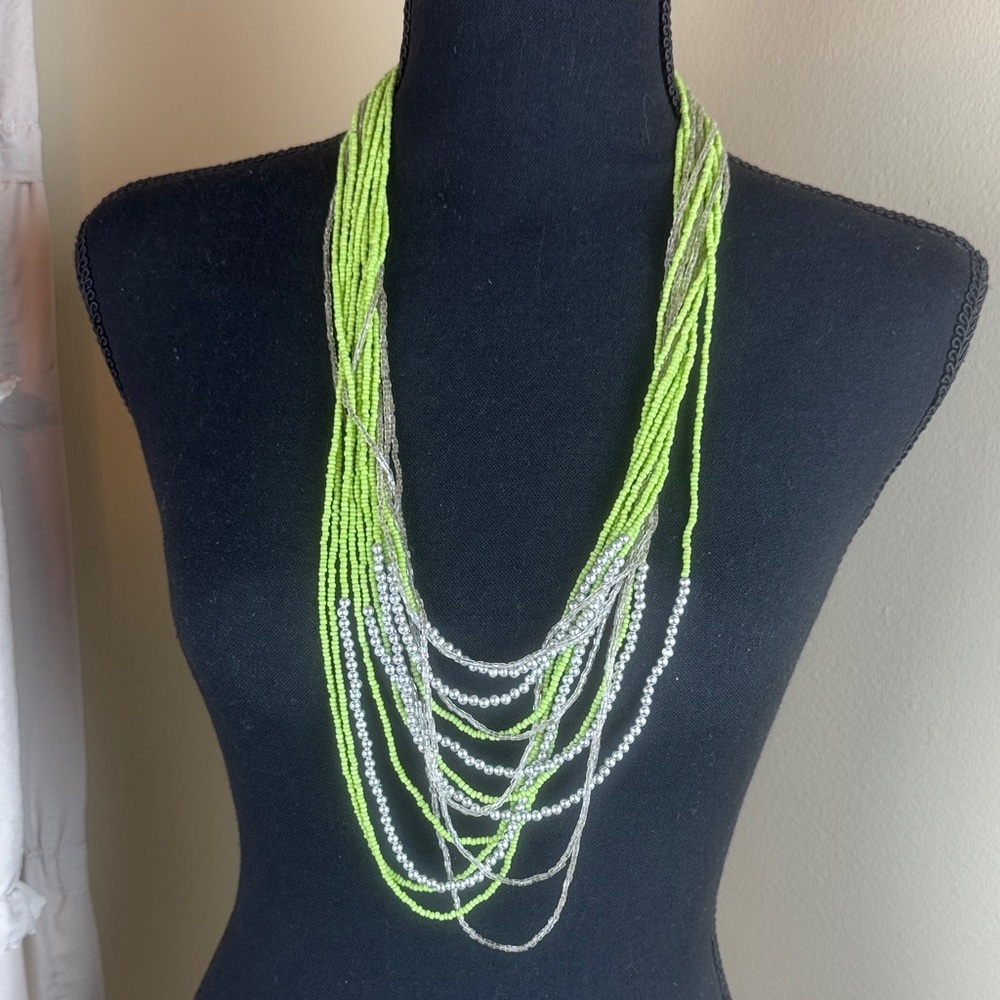 Vintage Statement Beaded Necklace - Multi-Strand Lime Green & Silver